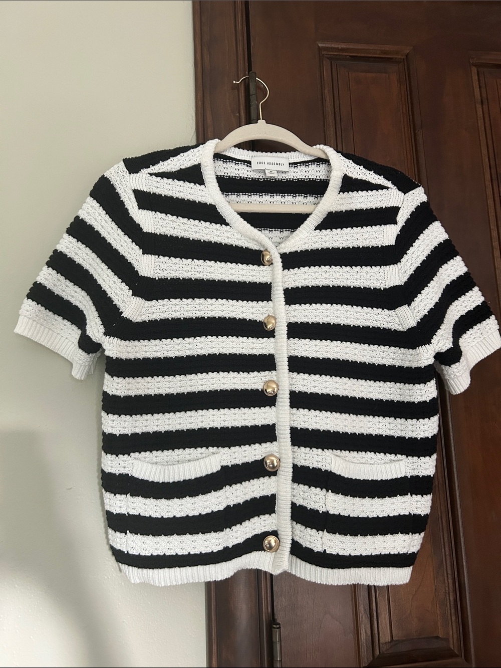 FREE ASSEMBLY Short-Sleeve Striped Knit Cardigan Sweater - Black & White